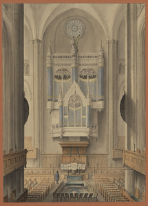 29041 Interieur van de Domkerk te Utrecht uit het oosten: gezicht vanuit 'de hoedendoos' - de inbouw in het koor - naar ...